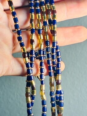 Contemporary Vibrant Multi-Strand Navy and Gold Beaded Necklace - Women Jewelry